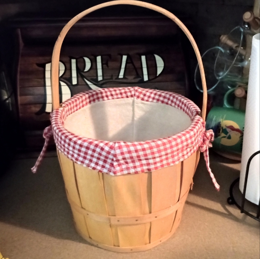 Yellow Wooden Basket with Red Gingham Lining